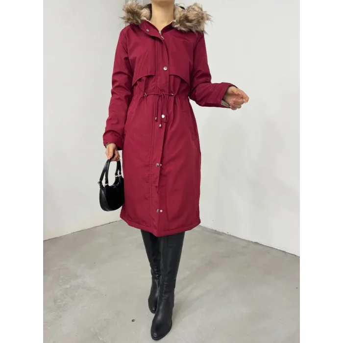 İçi Peluşlu Sabit Kapşonlu Tünel Bağcıklı Uzun Mont  -Bordo