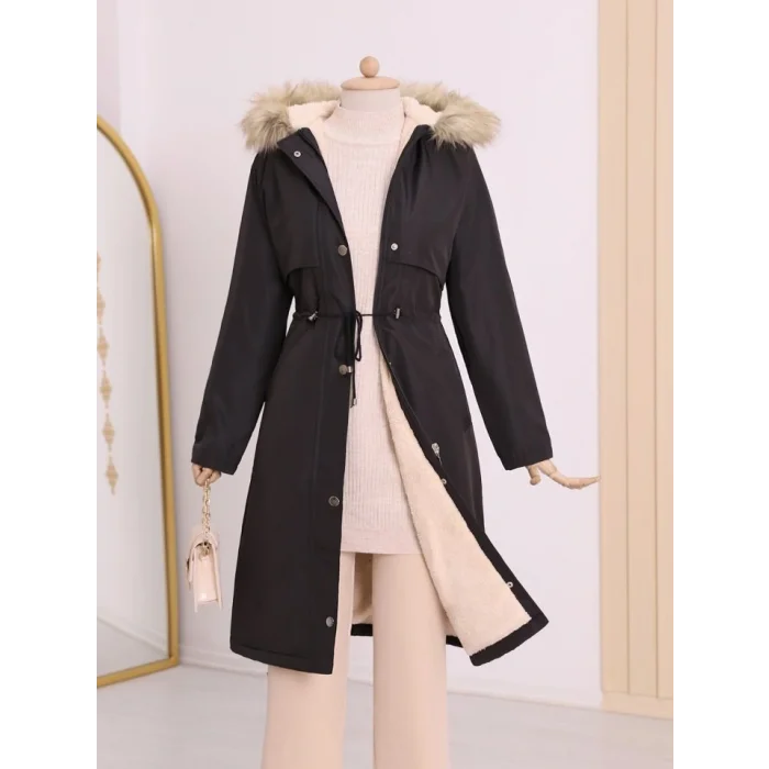 İçi Peluşlu Sabit Kapşonlu Tünel Bağcıklı Uzun Mont -Siyah