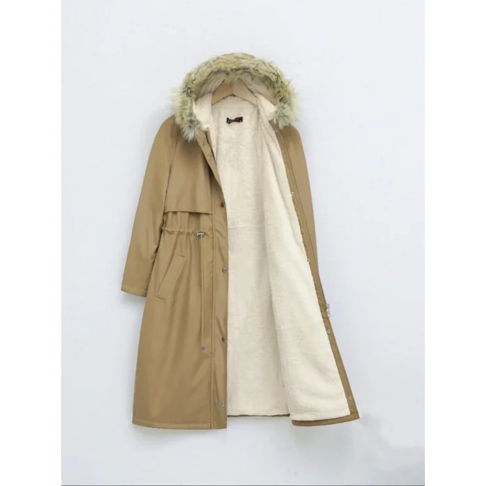 İçi Peluşlu Sabit Kapşonlu Tünel Bağcıklı Uzun Mont -Vizon