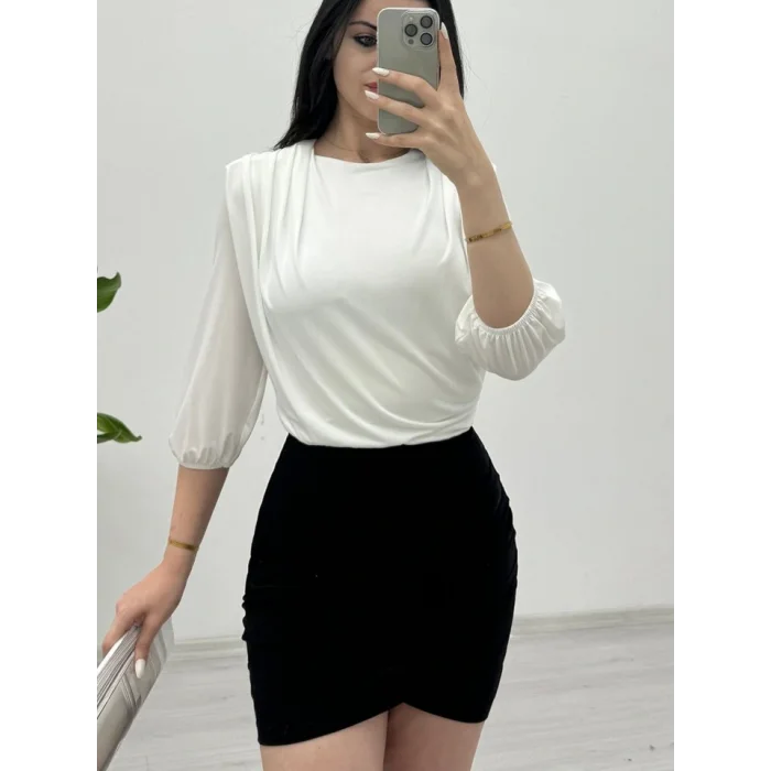 İçi Tulumlu Omuzdan Büzgülü Vatkalı Sendy Bluz -Beyaz