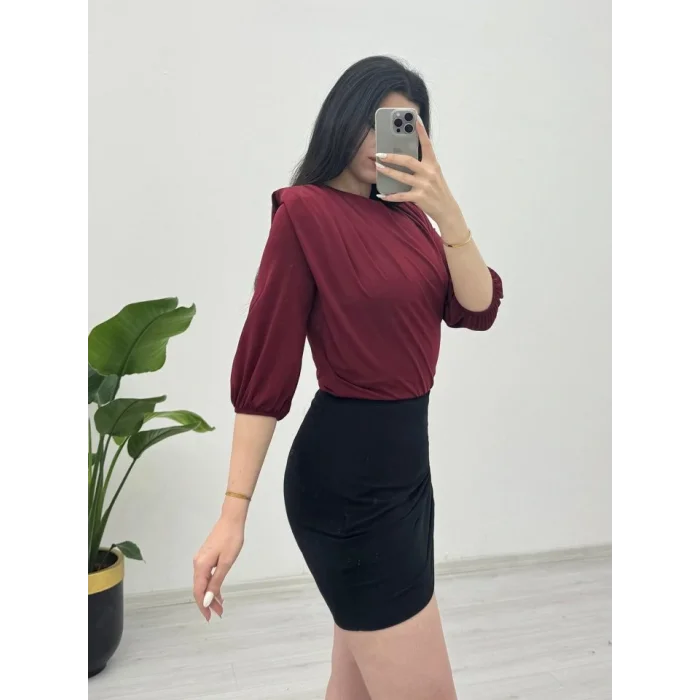 İçi Tulumlu Omuzdan Büzgülü Vatkalı Sendy Bluz -Bordo