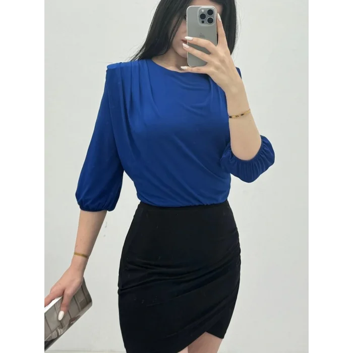 İçi Tulumlu Omuzdan Büzgülü Vatkalı Sendy Bluz -Saks