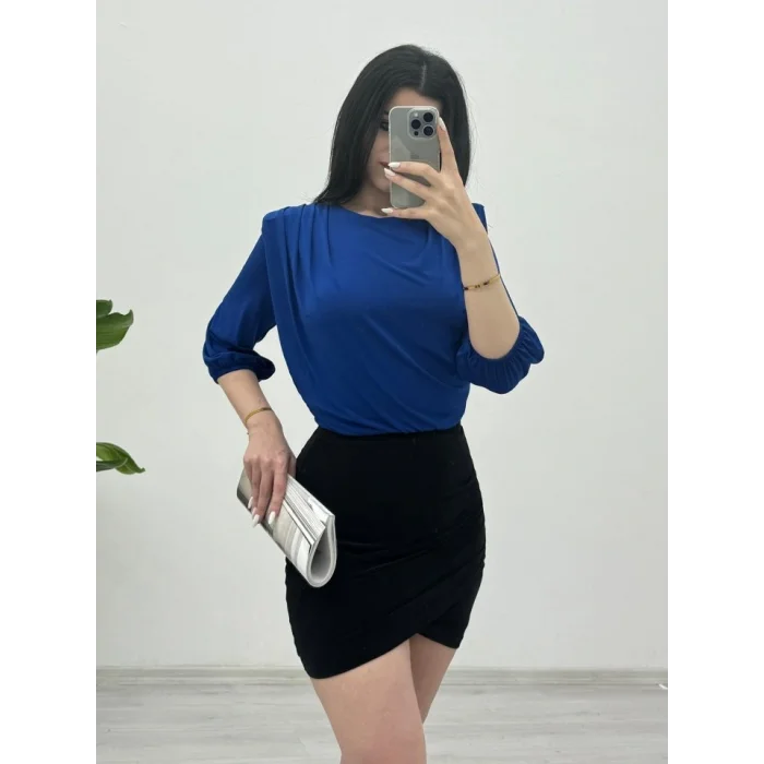 İçi Tulumlu Omuzdan Büzgülü Vatkalı Sendy Bluz -Saks