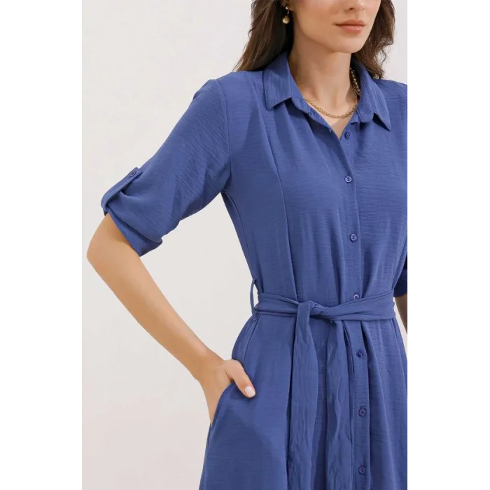 İndigo Kuşaklı Gömlek Elbise 2442