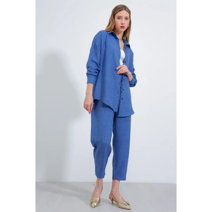 İndigo Oversize Keten Alt Üst Takım 6622