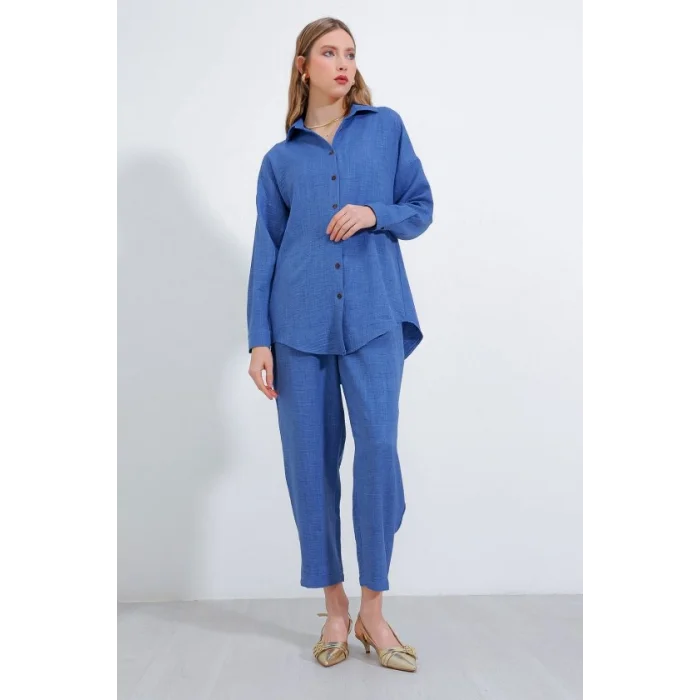 İndigo Oversize Keten Alt Üst Takım 6622