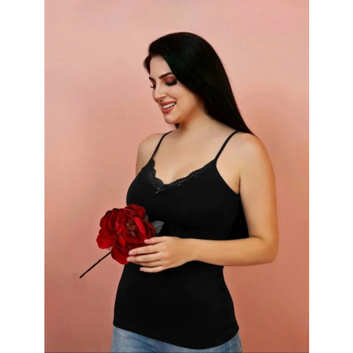 İp Askılı Dantelli Atlet -Siyah