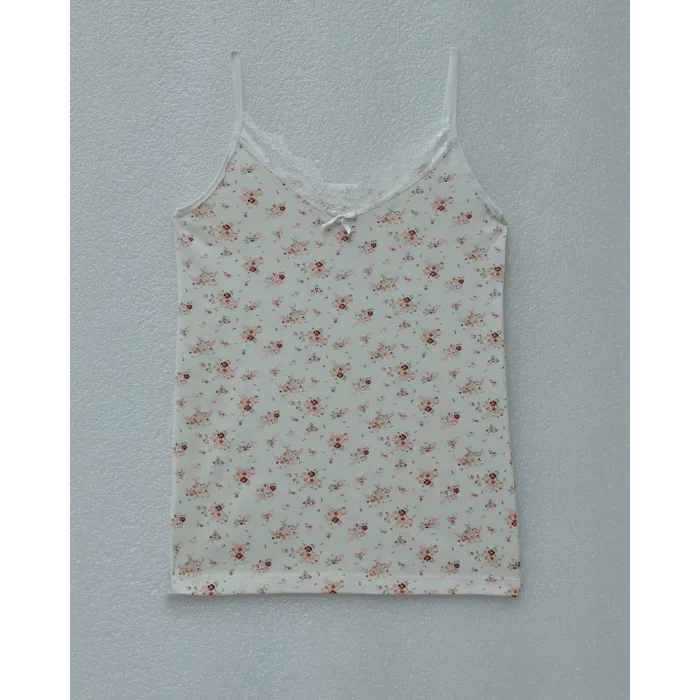 İp Askılı Dantelli Desenli Atlet -Krem