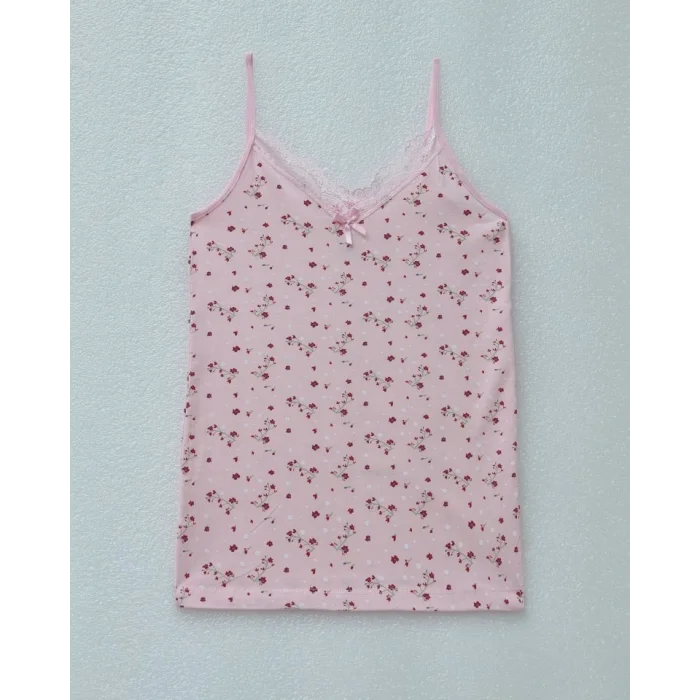 İp Askılı Dantelli Desenli Atlet -Pembe