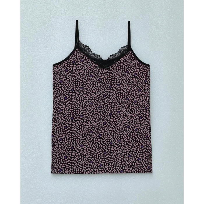 İp Askılı Dantelli Desenli Atlet -Pudra