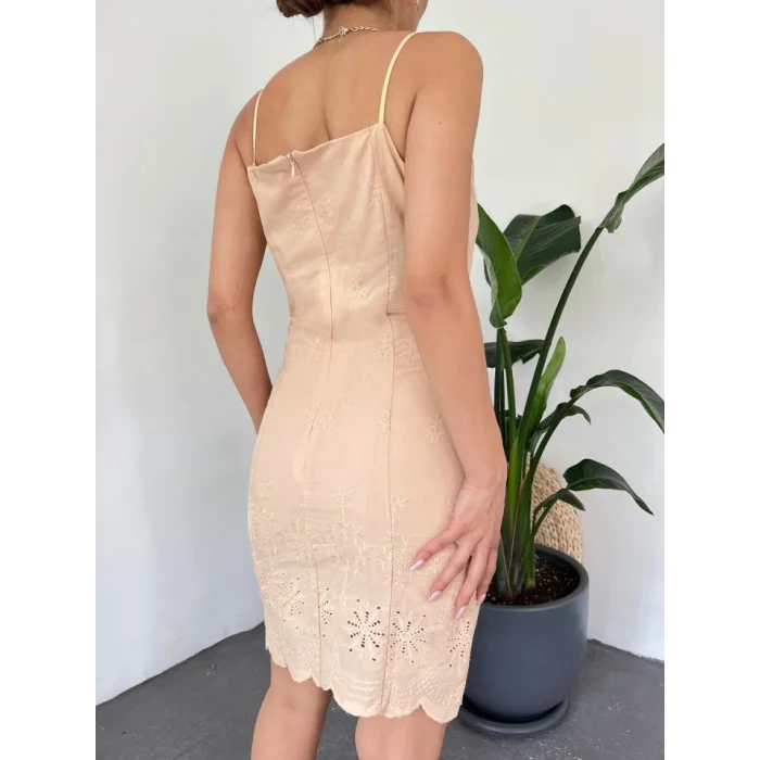 İp Askılı Fistolu Astarlı Mini Elbise -Açık Vizon