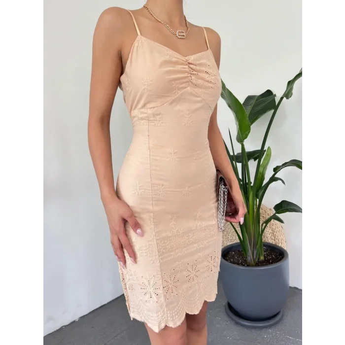 İp Askılı Fistolu Astarlı Mini Elbise -Açık Vizon