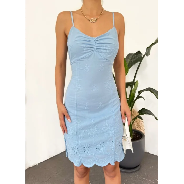 İp Askılı Fistolu Astarlı Mini Elbise -Mavi