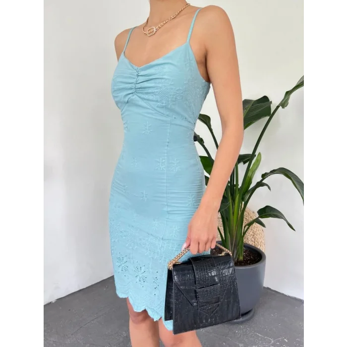 İp Askılı Fistolu Astarlı Mini Elbise -Mint