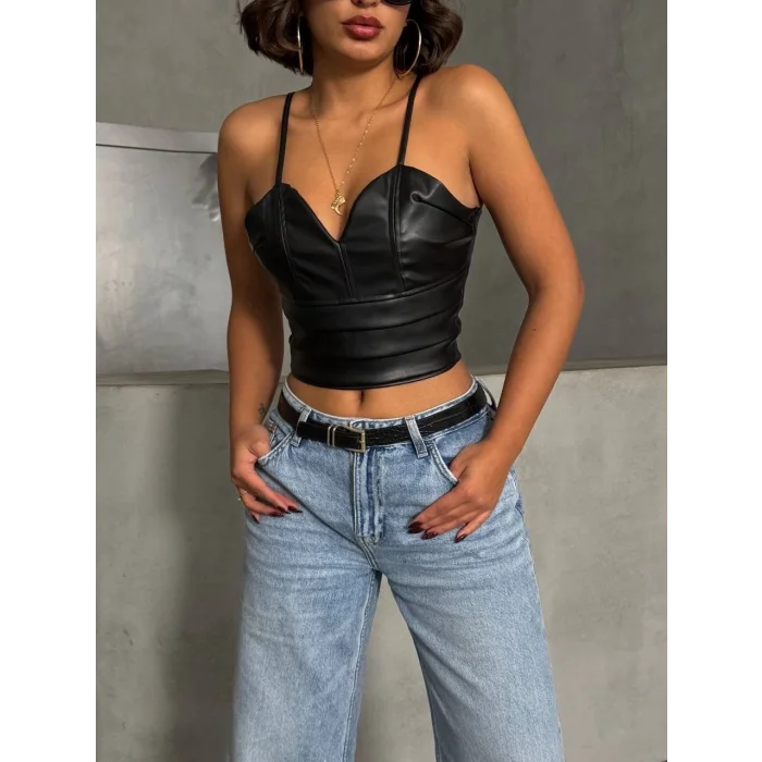 İp askılı yandan fermuarlı rastale deri crop siyah s24113