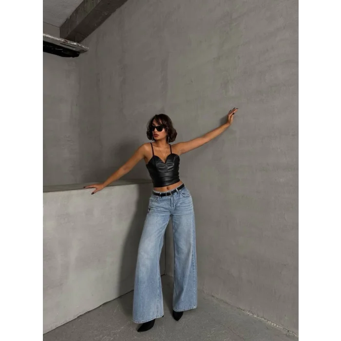 İp askılı yandan fermuarlı rastale deri crop siyah s24113