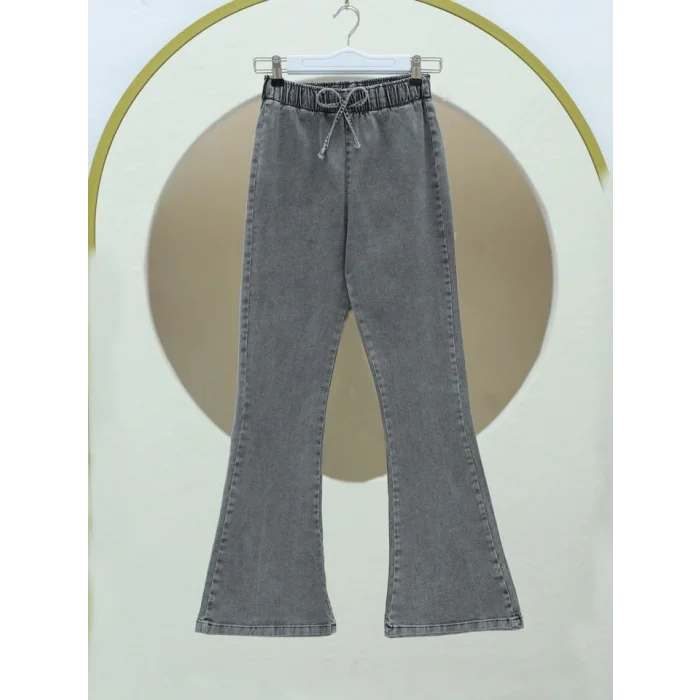 İspanyol Paça Bağcık Detaylı Kot Pantolon  -Açık Gri