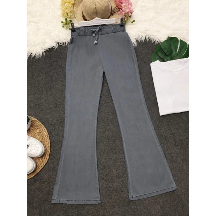 İspanyol Paça Bağcık Detaylı Kot Pantolon  -Açık Gri