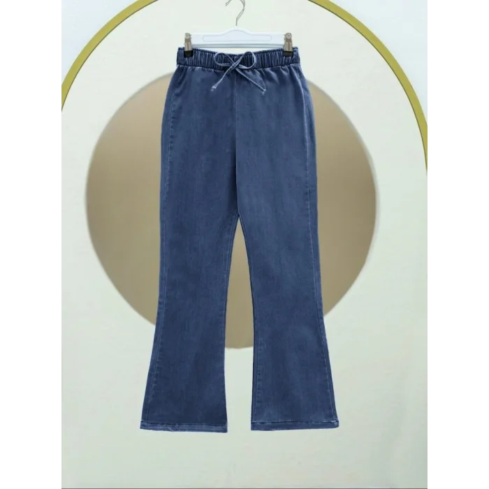 İspanyol Paça Bağcık Detaylı Kot Pantolon  -Buz Mavi