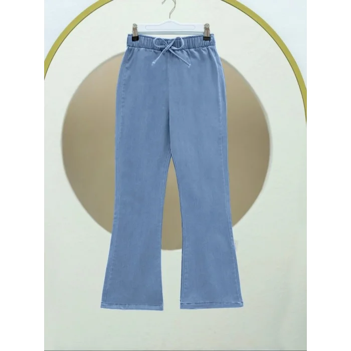 İspanyol Paça Bağcık Detaylı Kot Pantolon -Mavi