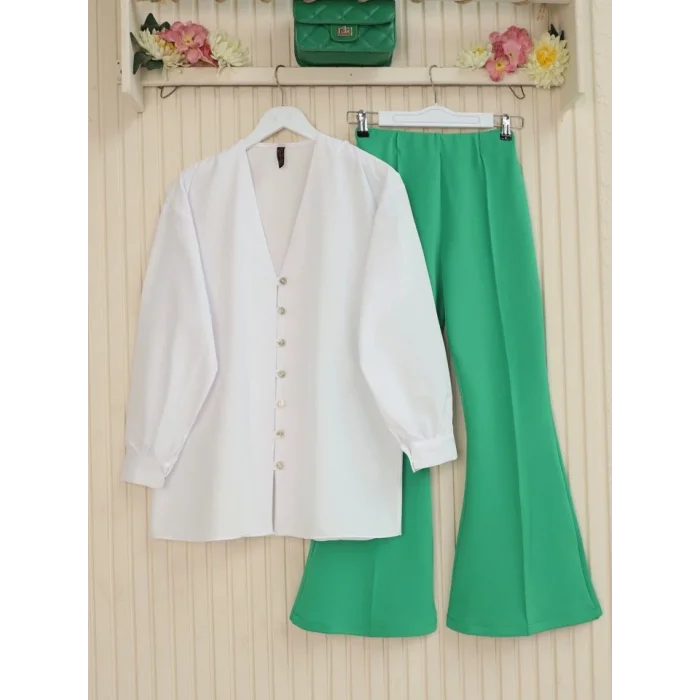 İspanyol Paça Beli Lastikli Likralı Pantolon -A.Yeşil