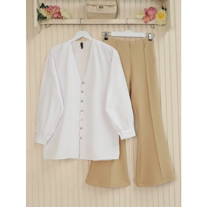 İspanyol Paça Beli Lastikli Likralı Pantolon -Bej