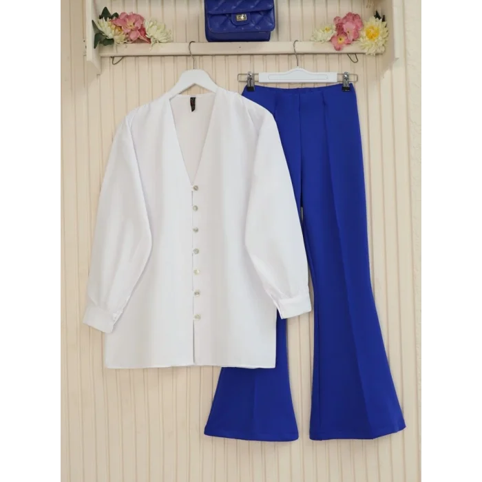 İspanyol Paça Beli Lastikli Likralı Pantolon -Saks