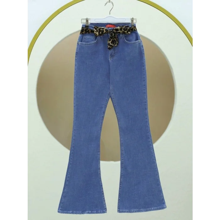 İspanyol Paça Fular Detaylı Kot Pntolon  -Mavi