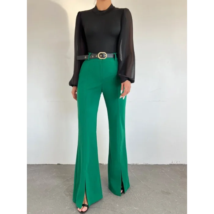 İspanyol Paça Yırtmaçlı Kemerli Pantolon -Yeşil