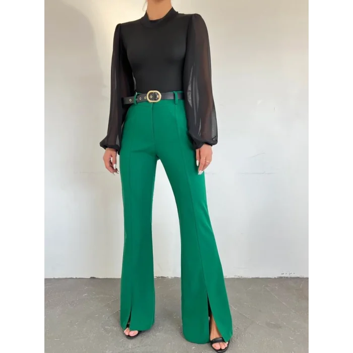 İspanyol Paça Yırtmaçlı Kemerli Pantolon -Yeşil
