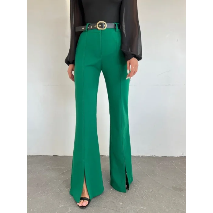 İspanyol Paça Yırtmaçlı Kemerli Pantolon -Yeşil