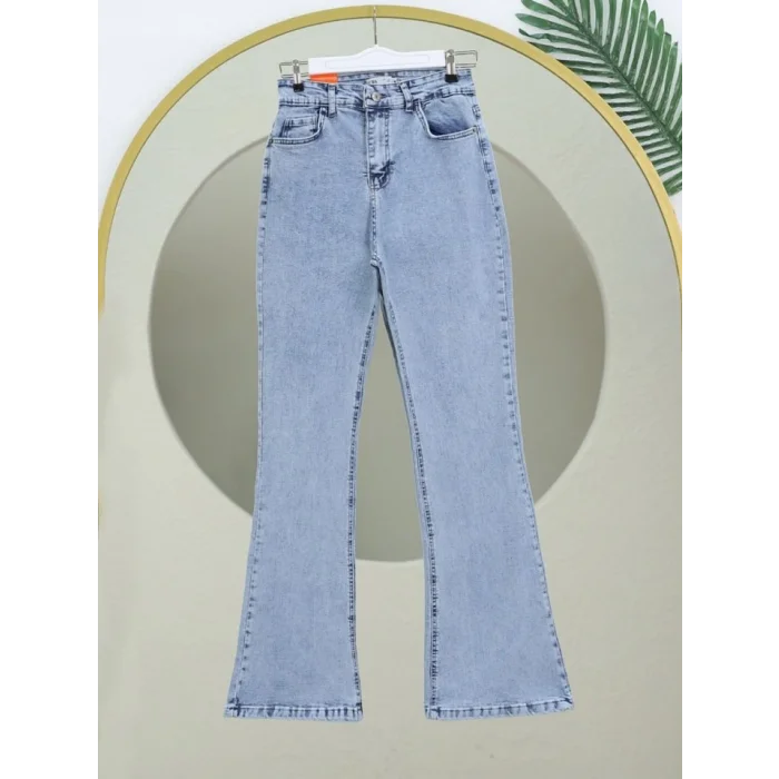 İspanyol Paça Yüksek Bel Kot Pantolon   -Buz Mavi