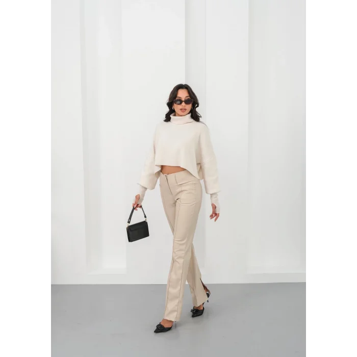 İspanyol yırtmaçlı paça deri pantolon bej hn