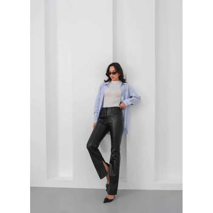 İspanyol yırtmaçlı paça deri pantolon siyah hn