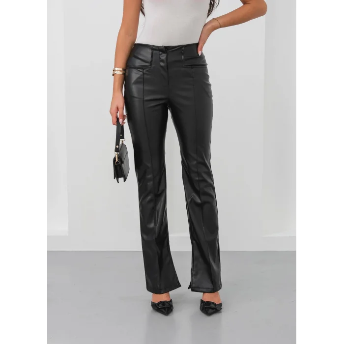 İspanyol yırtmaçlı paça deri pantolon siyah hn