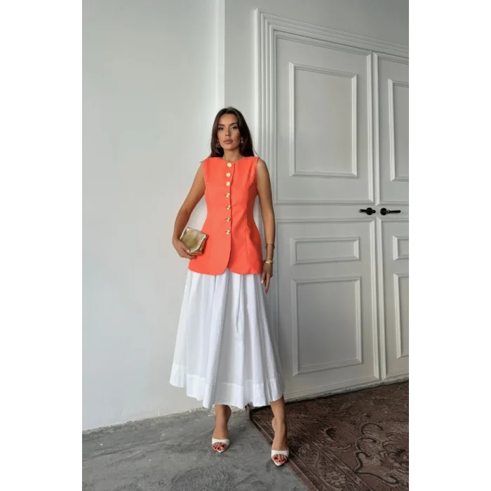 JAKAR KETEN YELEK BELDEN OTURTMALI GOLD DÜĞMELİ - Orange