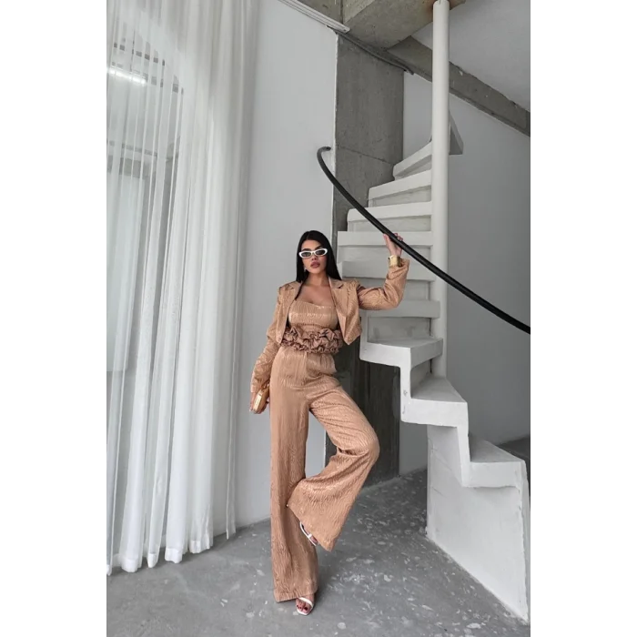 JAKARLI BLUZU TASARIM DETAYLI CEKET-PANTOLON-BLUZ 3 LÜ TAKIM - Bej