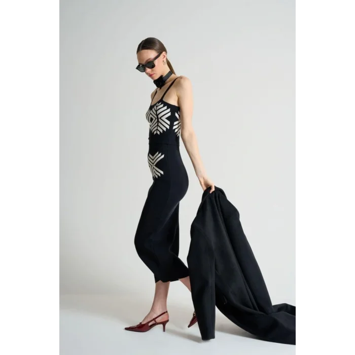 Jakarlı İnce AskılıTriko Takım - Siyah-Beyaz Kayısı