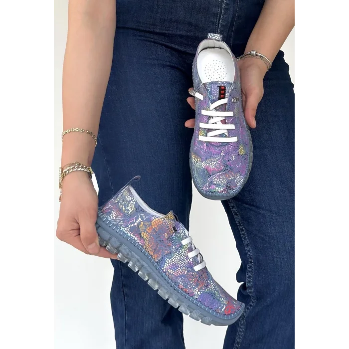 Jiten Mor Desenli Deri Bağcıklı Spor Ayakkabı