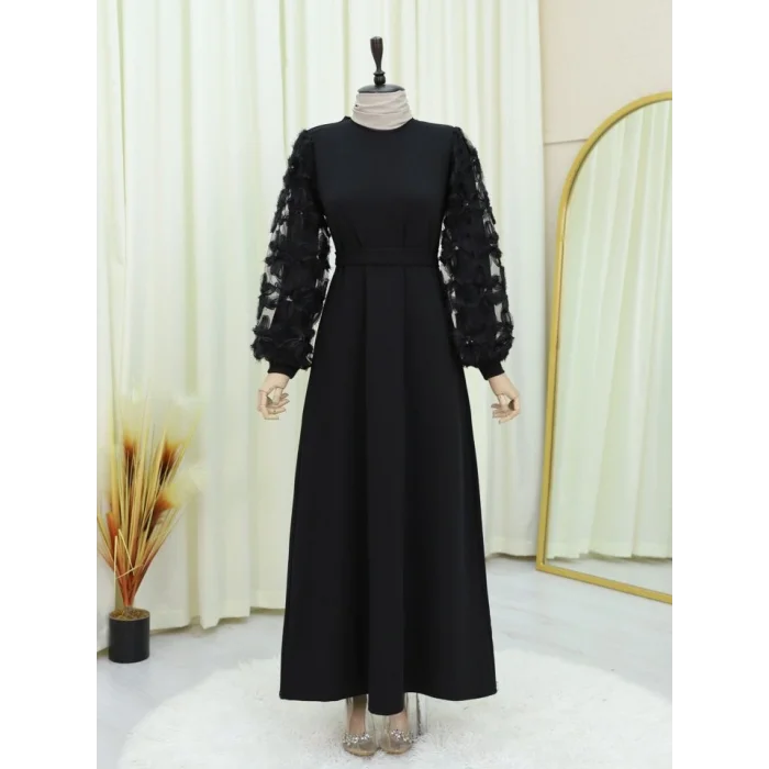 Kabartma Çiçekli Tül Kollu Kemerli Elbise -Siyah