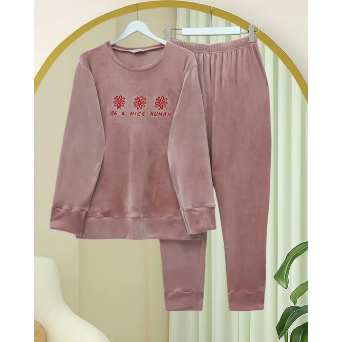 Kabartma Yazılı Fransız Kadife Pijama Takımı -G.Kurusu