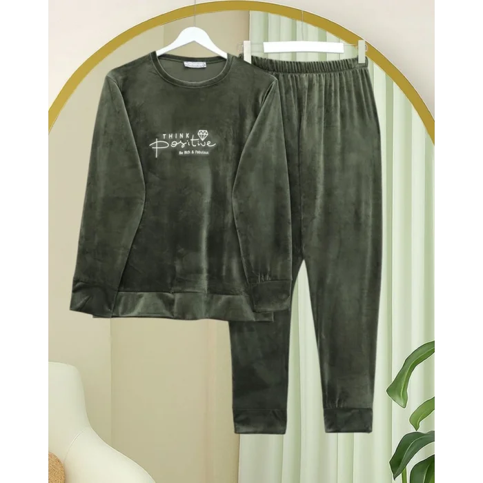 Kabartma Yazılı Fransız Kadife Pijama Takımı -Haki