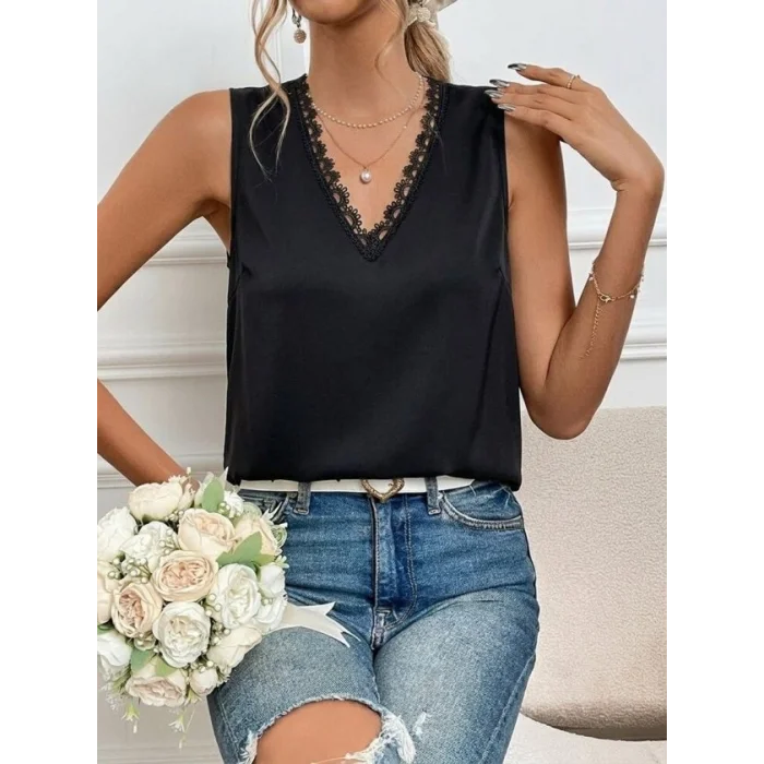 Kadı Askılı V Dantel Yakalı Sırttan Bağcıklı Sandy Bluz