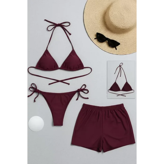 Kadın 3lü Set Bordo Şortlu ve Yandan Bağlamalı Bikini Mayo Takımı