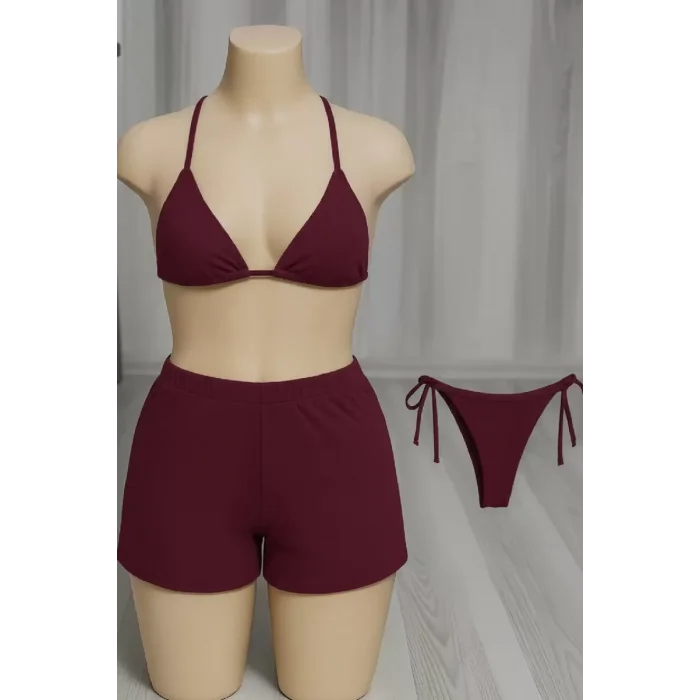 Kadın 3lü Set Bordo Şortlu ve Yandan Bağlamalı Bikini Mayo Takımı