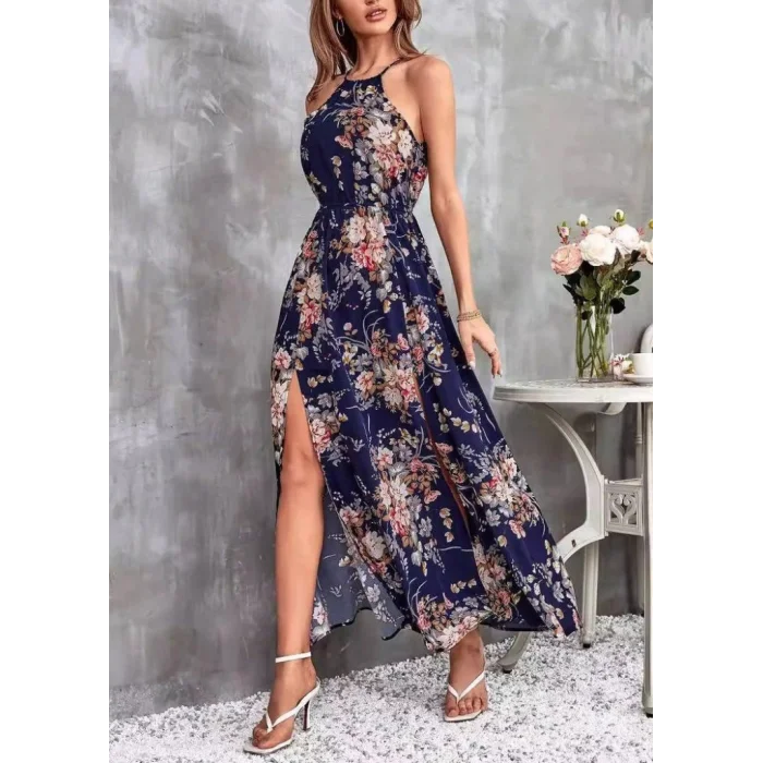 Kadın Açık Omuz Halter Yaka Beli Lastikli Büzgü Detay önden Yırtmaçlı çiçek Desenli Süprem Elbise