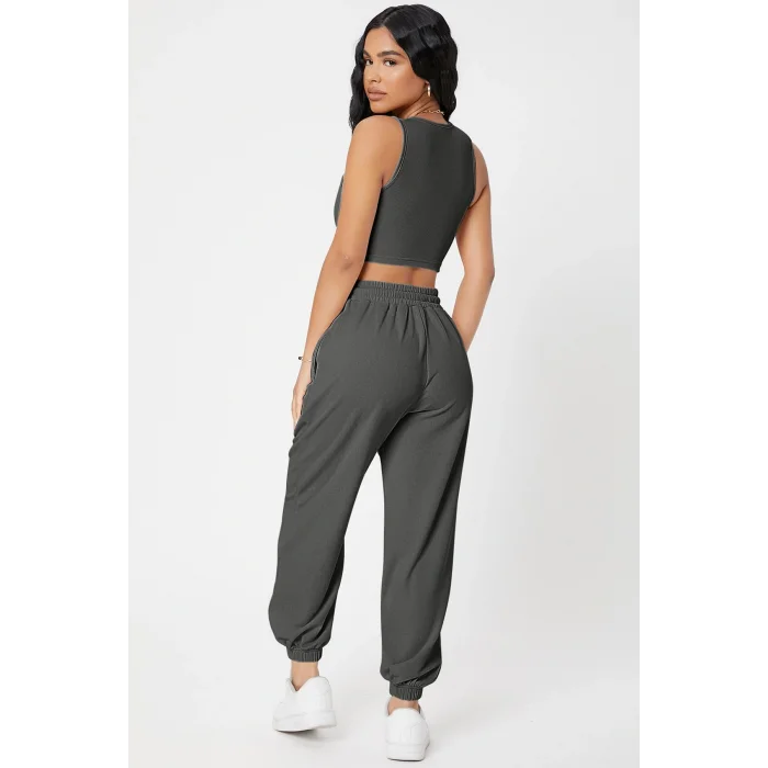 Kadın Antrasit Gri Kaşkorse Cepli Jogger Eşofman Altı ve Crop Top Bluz – Şık, Rahat ve Kolay Kombinlenebilir