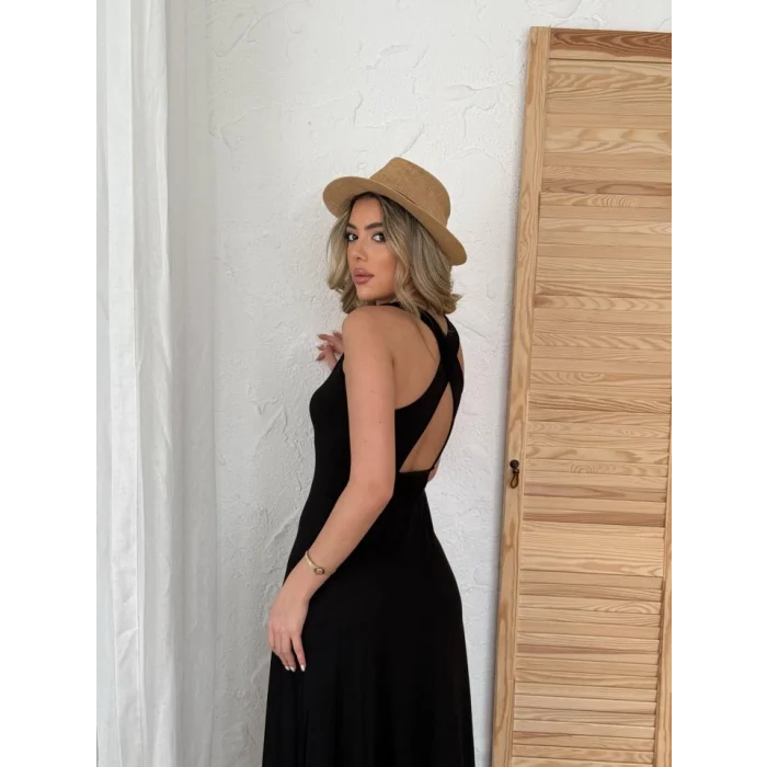 Kadın Arkadan çapraz Detay Yuvarlak Yaka Maksi Viskon Elbise