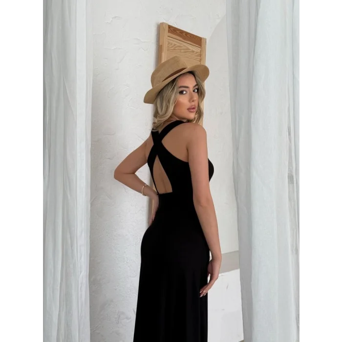 Kadın Arkadan çapraz Detay Yuvarlak Yaka Maksi Viskon Elbise