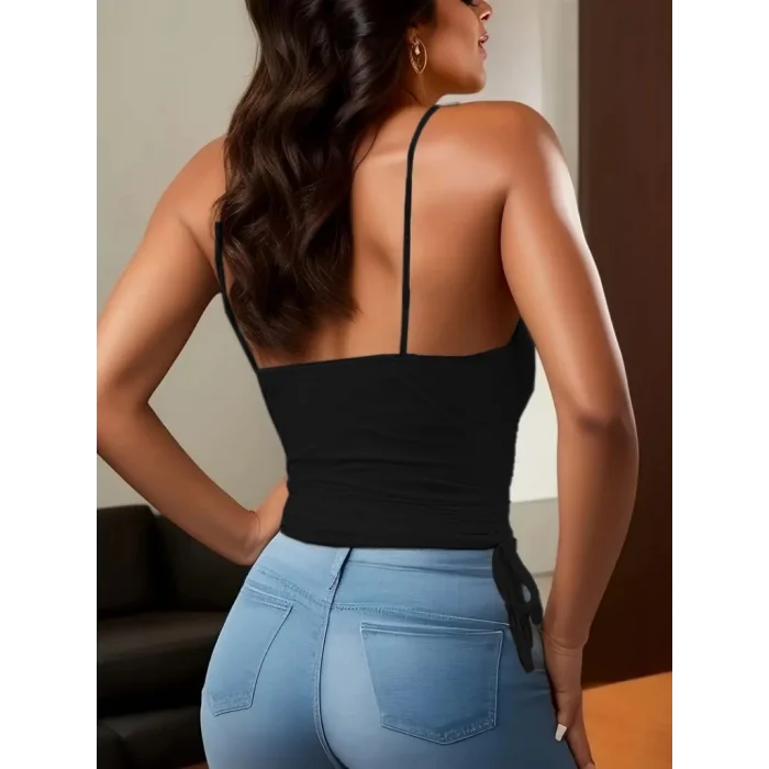 Kadın Askılı Degaje Yaka Yanlardan Büzgülü Sandy Bluz